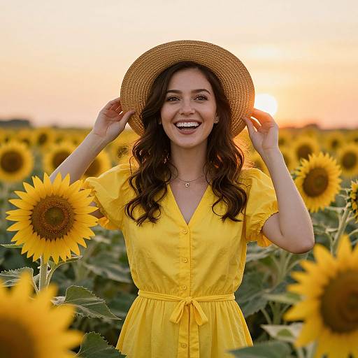 Smiling woman in yellow dress and straw hat, holding hat brim, stands in sunlit sunflower field at sunset. Photograph.