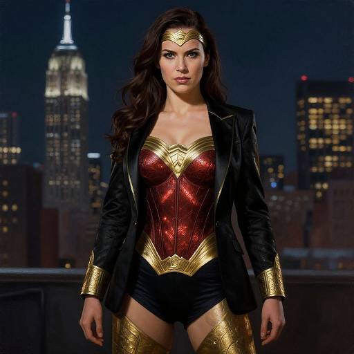 Photograph of Wonder Woman with long dark hair, red and gold corset, black jacket, gold tiara, standing against a nighttime city skyline with