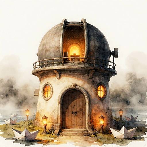 Whimsical watercolor drawing of a small, lantern-lit, dome-shaped stone cottage with circular windows, wooden door, and surrounding white boats.