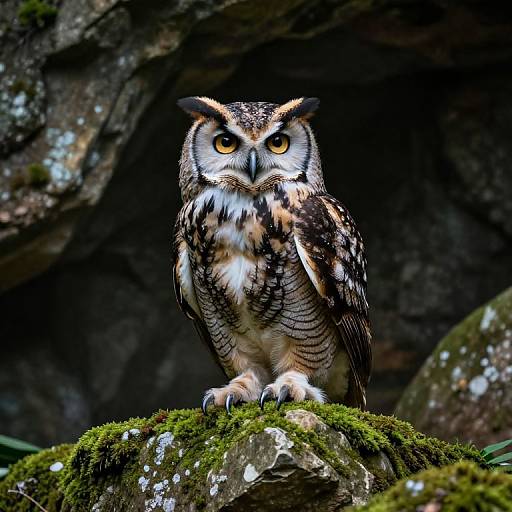 Photograph of a detailed, colorful Great Grey Owl with striking yellow eyes, perched on mossy rock, dark rocky background.