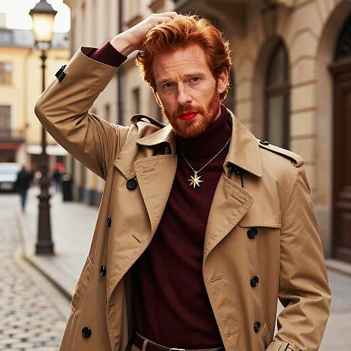 Photograph of a red-haired, bearded man in a beige trench coat, brown turtleneck, and star necklace, standing on a cobble