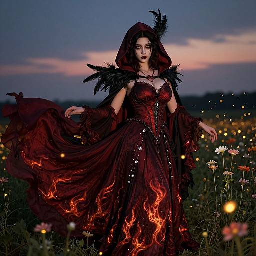 Photograph of a dark-haired woman in a gothic, fiery red gown with black feather details, standing in a field of flowers at dusk, surrounded