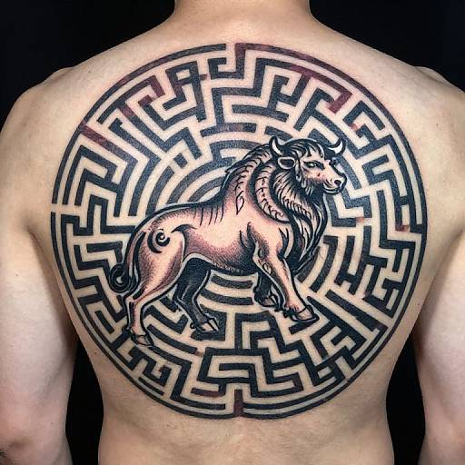 Tattoo of a black and grey bull within a circular maze on a muscular, shirtless person's back. Photographic image.