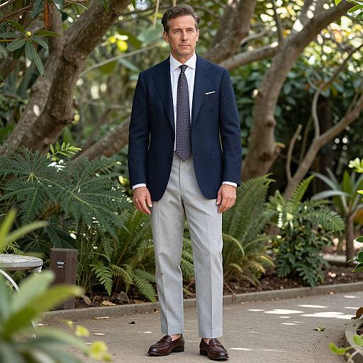 Photograph of a handsome, middle-aged man in a navy blazer, white shirt, patterned tie, light gray pants, and brown loafers