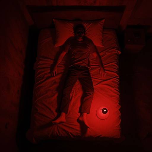 Photograph of a man lying on a red-lit bed, wearing dark clothes, with a red candle beside him, casting eerie shadows.