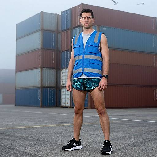 Photograph of a fit, young man with short dark hair, wearing a blue reflective vest, green patterned shorts, black sneakers, standing in front