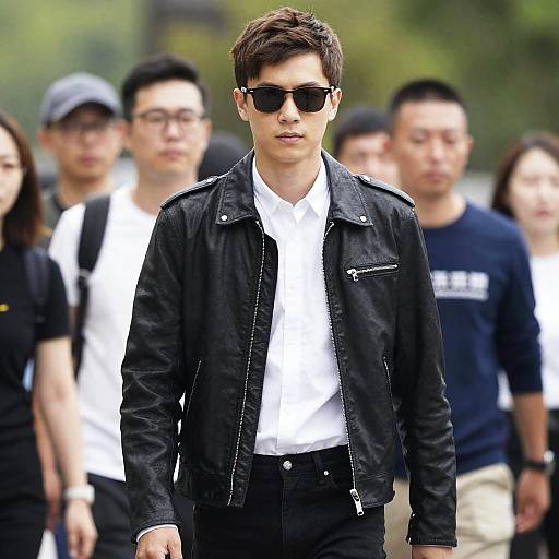 Young man in black leather jacket walking outdoors