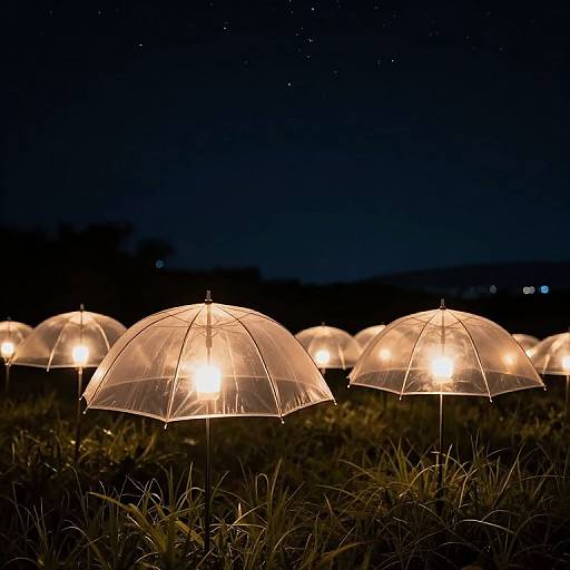 Photograph of glowing, translucent umbrellas in a dark, grassy field at night, with stars visible in the black sky.