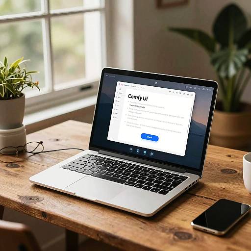 Laptop with ComfyUI on Rustic Desk