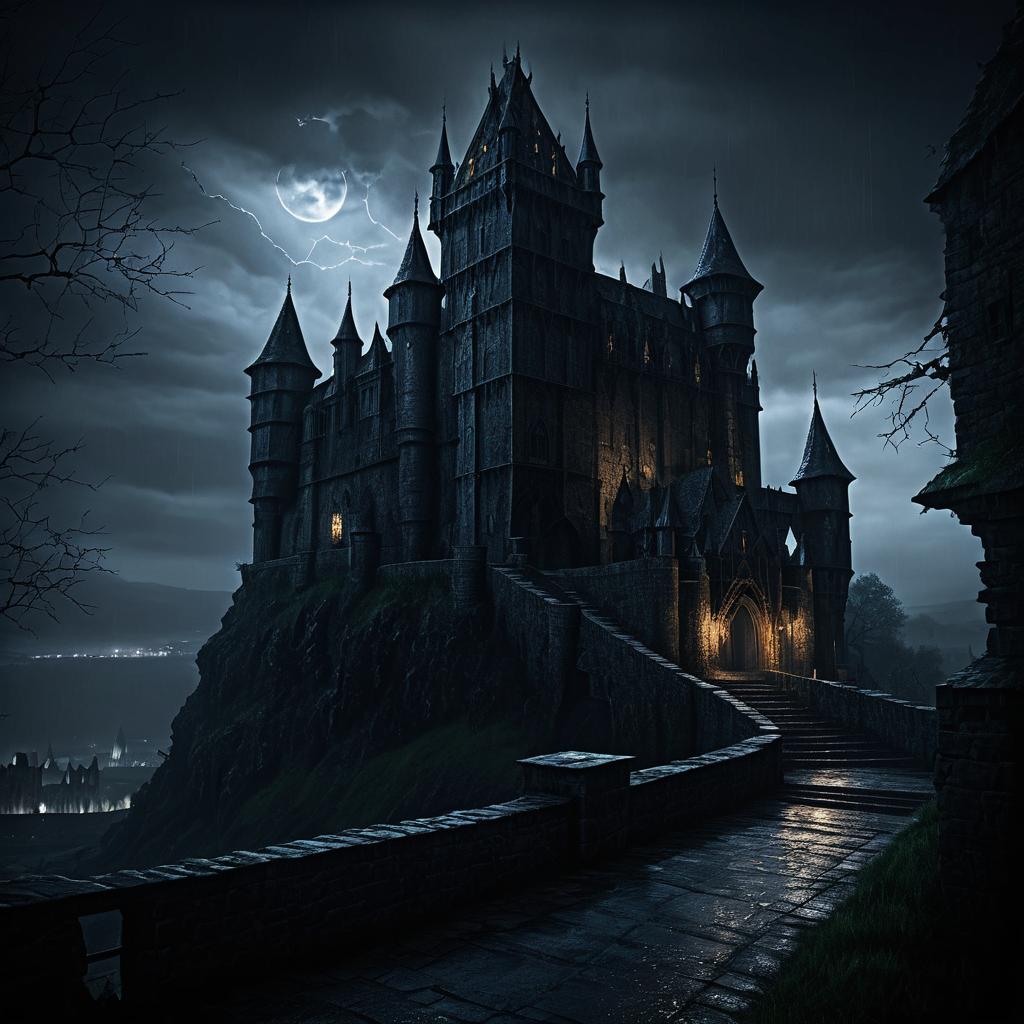 Eerie Gothic Castle Under Stormy Night