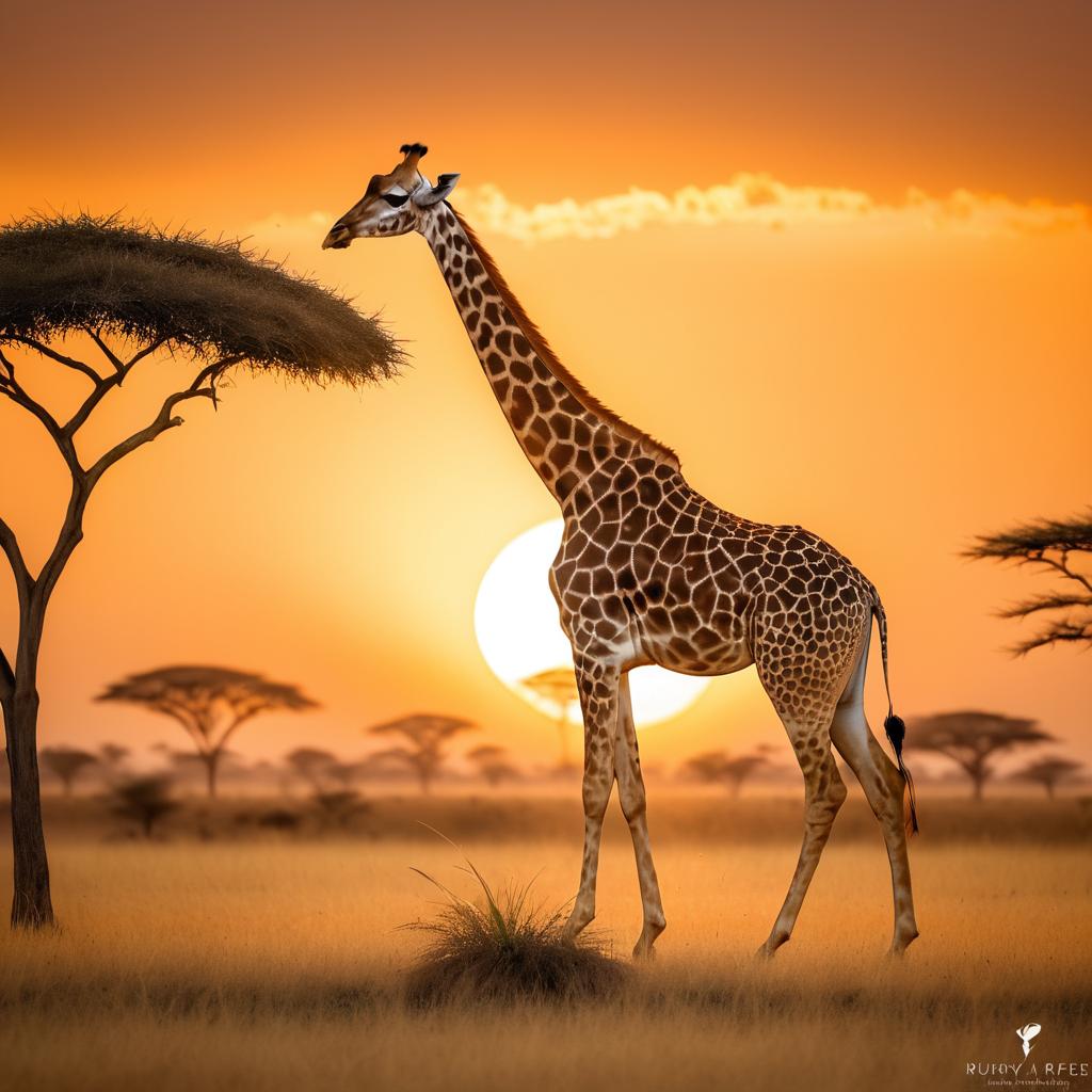 Giraffe Reaching for Leaves at Sunset