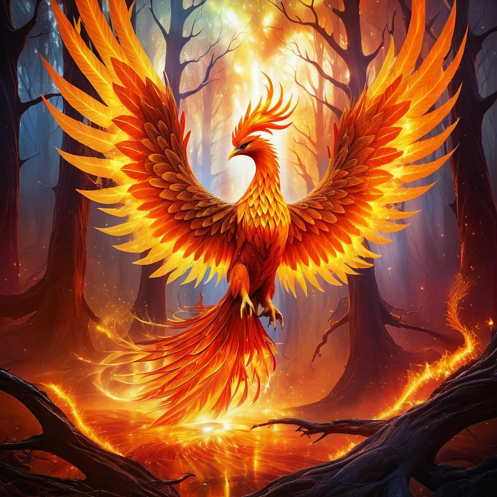 Surreal Phoenix Rising in Mystical Forest