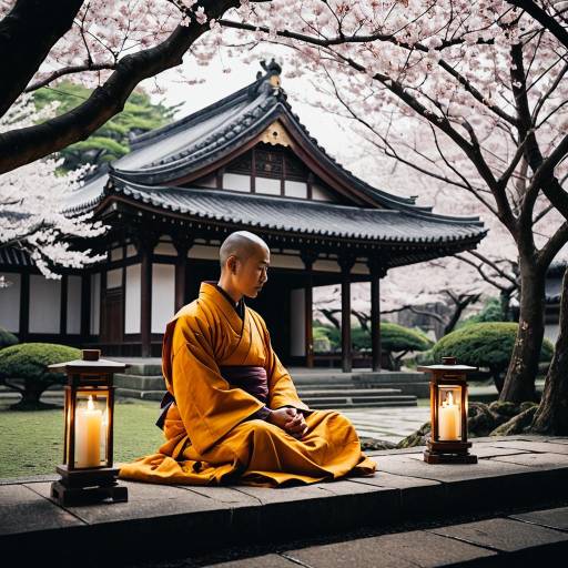 Meditating Monk in Cherry Blossom Garden