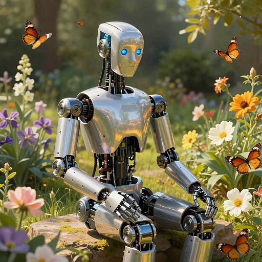 Robot in Lush Garden Serenity