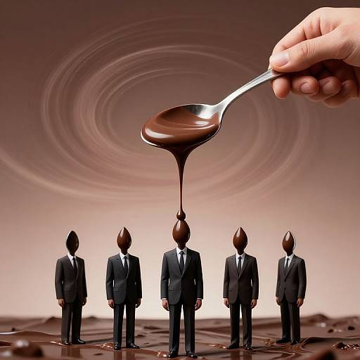 Photograph of five headless chocolate men in suits, standing on chocolate, being drizzled with chocolate by a hand holding a spoon. Swirling