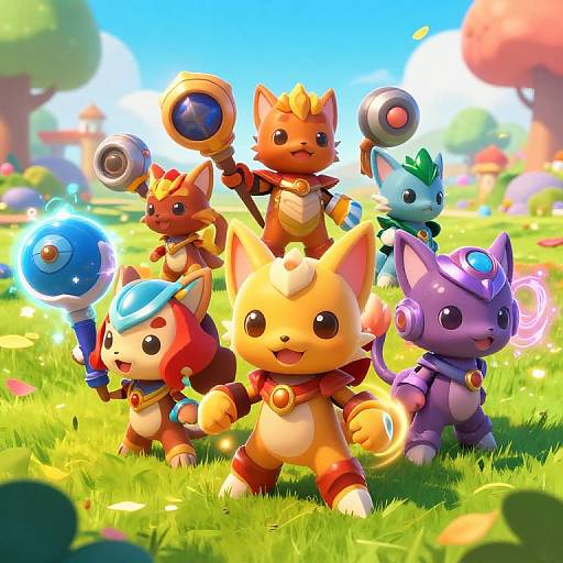 Bright, colorful CGI image of five cute, fantasy cat-like characters with magical staffs and accessories, standing on a sunny, grassy field.