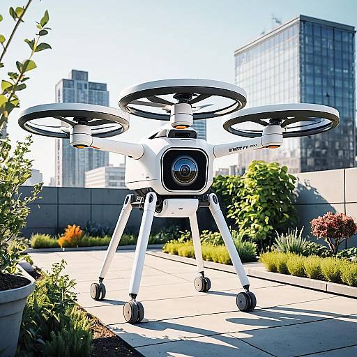 Friendly Delivery Drone on City Rooftop Garden