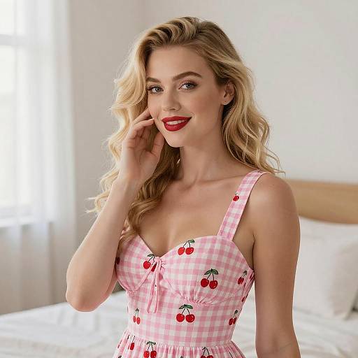 Blonde Woman in Cherry Dress