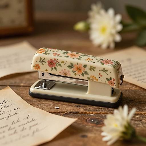 Vintage Floral Stapler on Rustic Desk