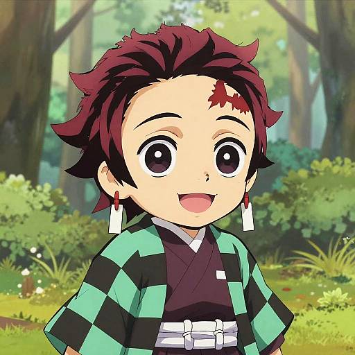 Chibi anime character with red spiky hair, large eyes, wearing green and black checkered kimono, white obi, and white earrings,