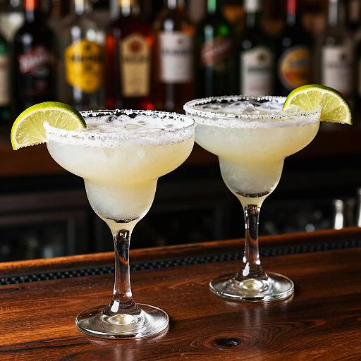 Photograph of two margaritas with salt-rimmed glasses, lemon wedges, on a wooden bar, blurred liquor bottles in the background.