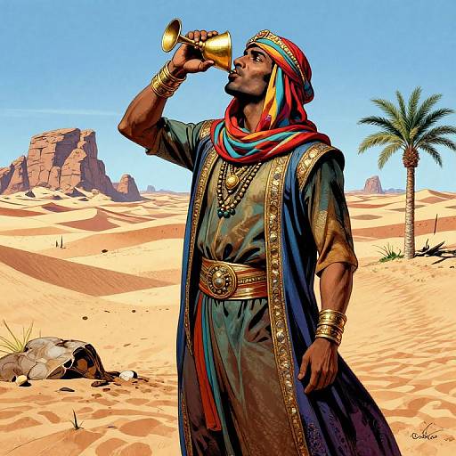 Digital artwork of a dark-skinned man in ancient Egyptian attire, drinking from a golden horn in a desert with palm trees and rocky formations under a clear