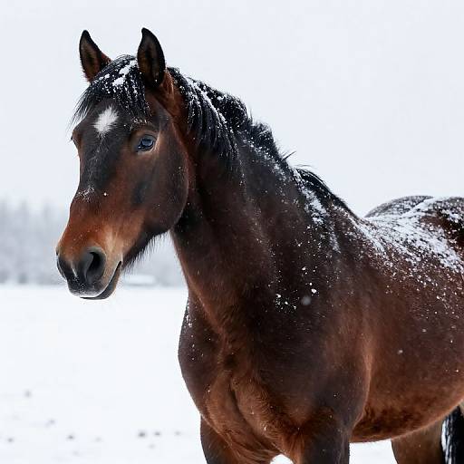 Photograph of a dark brown horse with a white blaze on its face, standing in a snowy landscape, snowflakes visible on its coat.