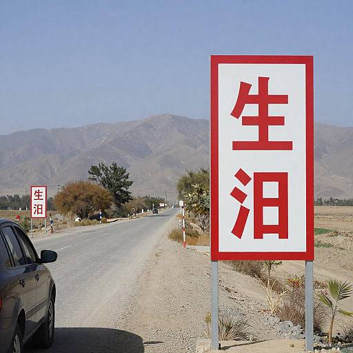 Rural Roadside with Red and White Sign and Mountain View