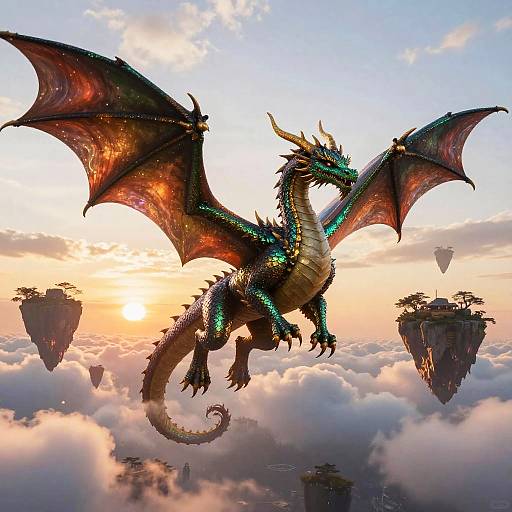 Digital artwork of a glowing, iridescent dragon with large wings soaring above floating islands amidst a sunset-lit, cloud-filled sky.