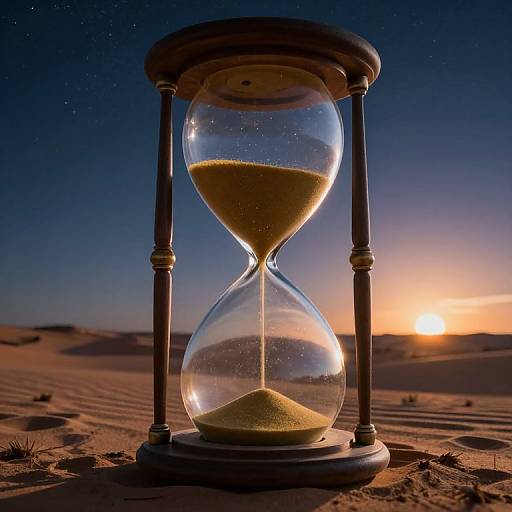Photograph of an hourglass with golden sand, standing in a desert at sunset, with a starry night sky in the background.