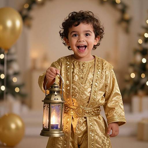 Photograph of a curly-haired toddler in a golden embroidered dress holding a glowing lantern, smiling, with festive Christmas background and gold balloons.