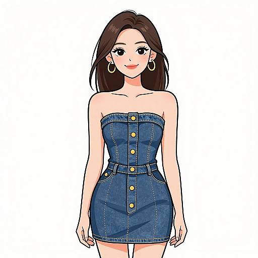 Digital anime-style illustration of a smiling woman with long brown hair, wearing a strapless blue denim mini dress with gold buttons, and large hoop earrings,
