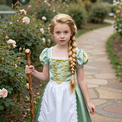 Photograph of a young blonde girl with blue eyes, wearing a green and white princess dress, holding a wooden cane, standing in a rose-filled garden