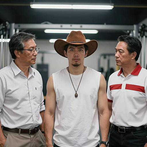 Three Men in Gym with Central Man Wearing Cowboy Hat
