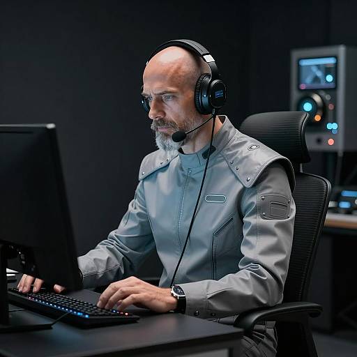 Futuristic Bald Man with Holographic Interface