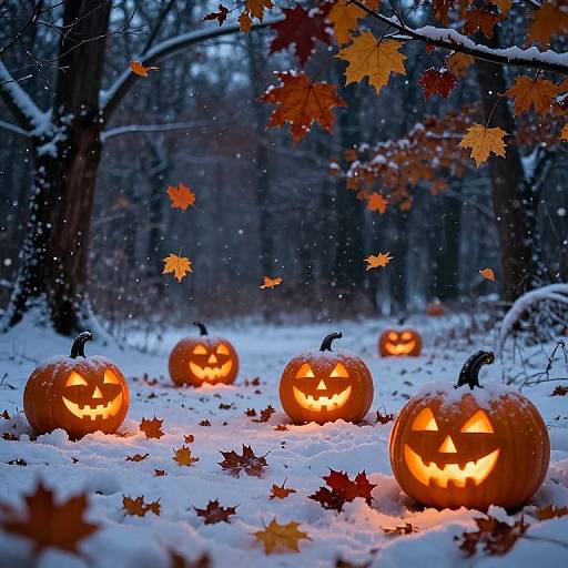 Photograph of glowing jack-o'-lanterns with carved faces, scattered on a snowy forest path, surrounded by falling autumn leaves and snowflakes
