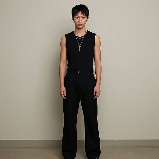Photograph of an Asian man with short black hair, wearing a sleeveless black shirt, black pants, and a silver necklace with a cross, standing