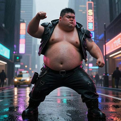Photorealistic CGI of a muscular, heavyset, shirtless Asian man with spiked black hair, leather vest, and pants, standing defiantly in