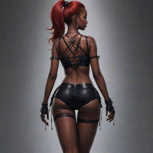 Dark-skinned Woman in Black Lingerie and Red Hair