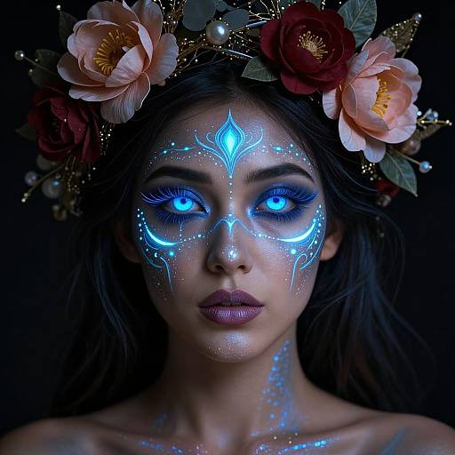 Photograph of a woman with glowing blue face paint, floral crown, and vivid blue eyes, against a dark background. Her makeup features intricate blue patterns