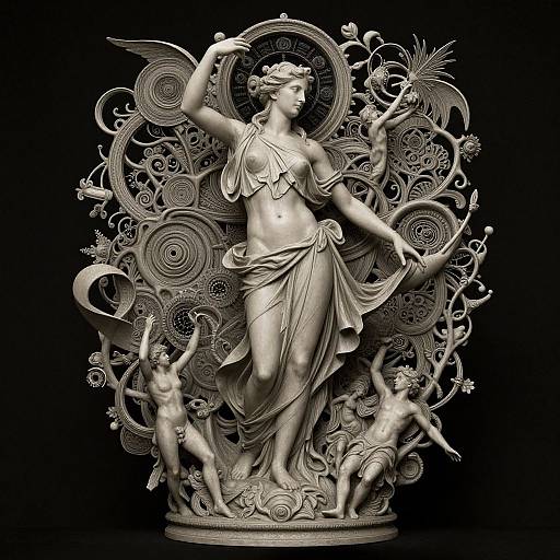 Photograph of an intricate, monochromatic, baroque-style marble statue depicting a winged, classical goddess surrounded by ornate swirls, holding