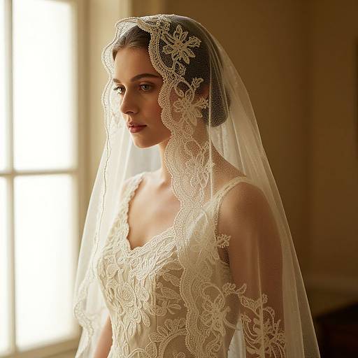 Photograph of a fair-skinned bride with dark hair, wearing an intricate lace veil and sleeveless lace wedding dress, standing in soft natural light.