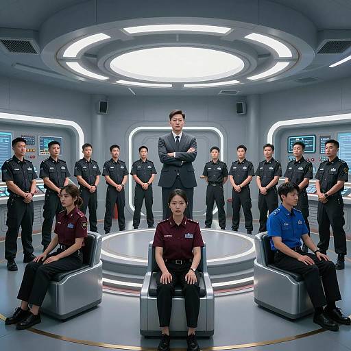 Futuristic Control Room with Uniformed Figures