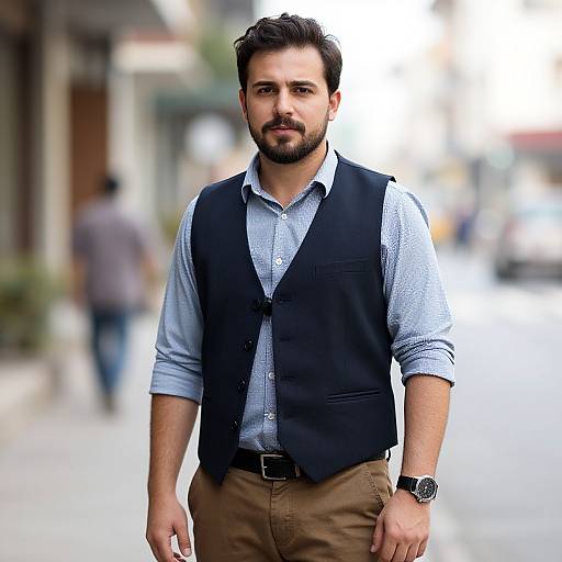 Photograph of a handsome, bearded man with short dark hair, wearing a light blue shirt, black vest, brown pants, and watch, standing