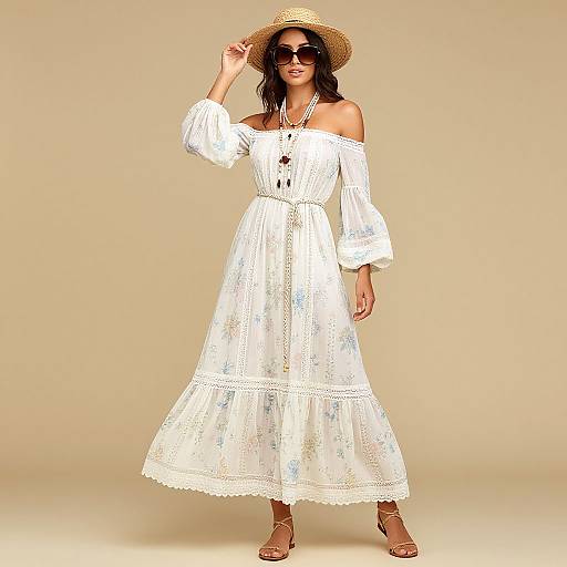 Photograph of a smiling woman in a white, off-shoulder, lace dress, straw hat, sunglasses, and brown sandals, against a beige