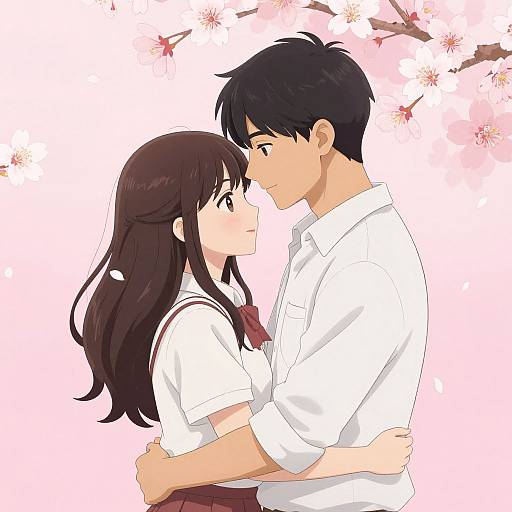 Digital anime-style drawing of a couple in school uniforms, gazing into each other's eyes with cherry blossoms in the background.