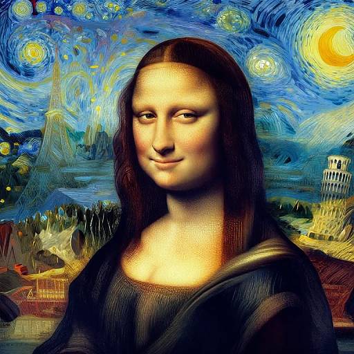 Digital artwork blending Leonardo da Vinci's Mona Lisa with Vincent van Gogh's Starry Night, featuring vibrant, swirling blue and yellow skies.