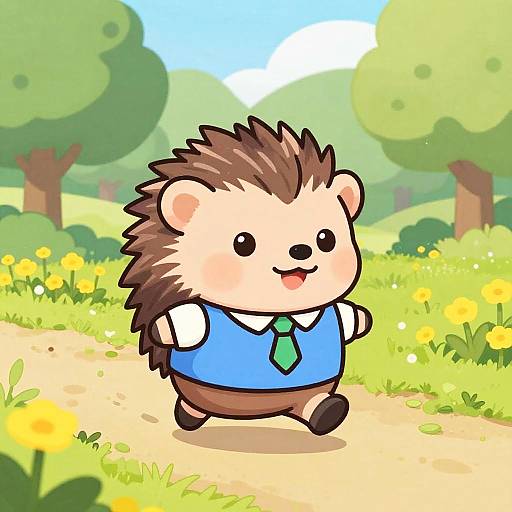 Cute cartoon hedgehog in a blue vest, green tie, and brown pants joyfully walks on a sunny, flower-filled path.