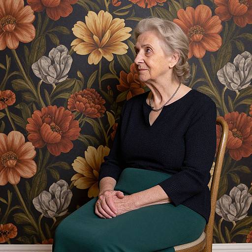 Photograph of an elderly white woman with short gray hair, wearing a black sweater and green pants, sitting against a vibrant floral wallpaper with large orange and