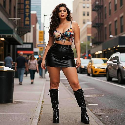 Photograph of a confident brunette woman with wavy hair, wearing a colorful lace crop top, black leather mini skirt, and black knee-high boots,